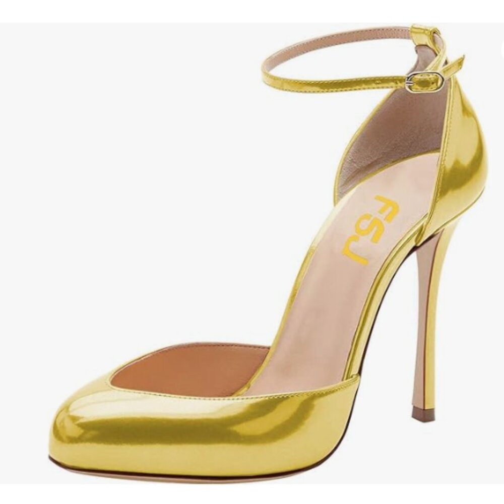 FSJ Gold Almond Toe Ankle Strap D'Orsay Pump High Heels Party Prom Shoes